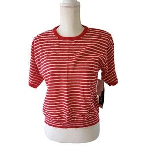 Vintage 90s Sweater Red White Stripe Nautical Coastal Short Sleeve Petite Medium